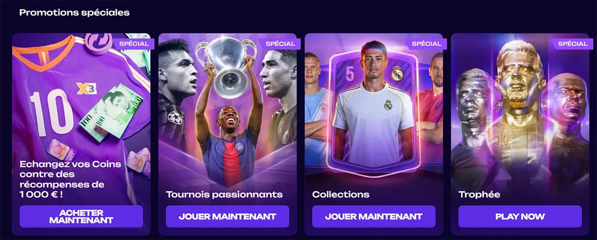 Special promotions section in French featuring offers such as coin exchange rewards, tournaments, collections, and trophies with sports-themed visuals and “Jouer maintenant” or “Acheter maintenant” call-to-action buttons on a dark interface