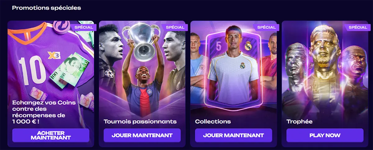 Special promotions section in French featuring offers such as coin exchange rewards, tournaments, collections, and trophies with sports-themed visuals and “Jouer maintenant” or “Acheter maintenant” call-to-action buttons on a dark interface