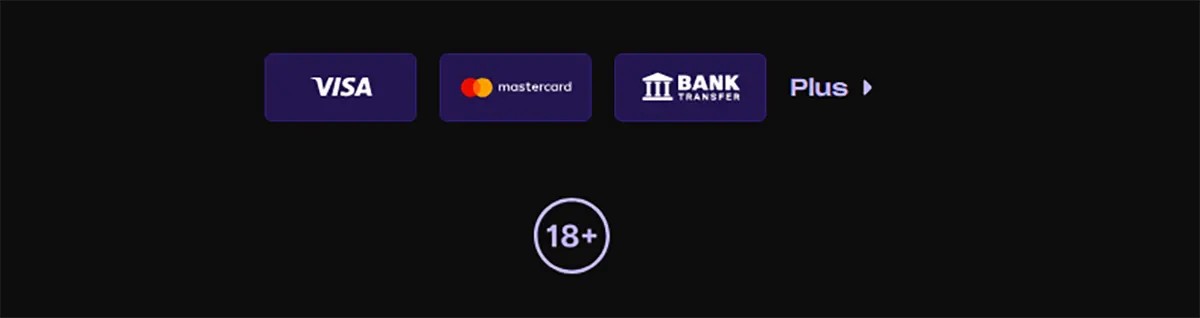 Payment methods section showing Visa, Mastercard, and bank transfer options with a “Plus” (more) button and an 18+ age restriction icon on a dark background