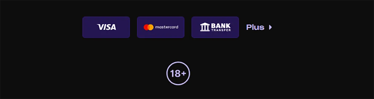 Payment methods section showing Visa, Mastercard, and bank transfer options with a “Plus” (more) button and an 18+ age restriction icon on a dark background