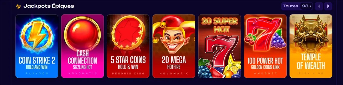 Jackpots section displaying featured slot games including Coin Strike 2, Cash Connection, 5 Star Coins, 20 Mega Hotfire, Super Hot 7, 100 Power Hot, and Temple of Wealth in a horizontal carousel layout