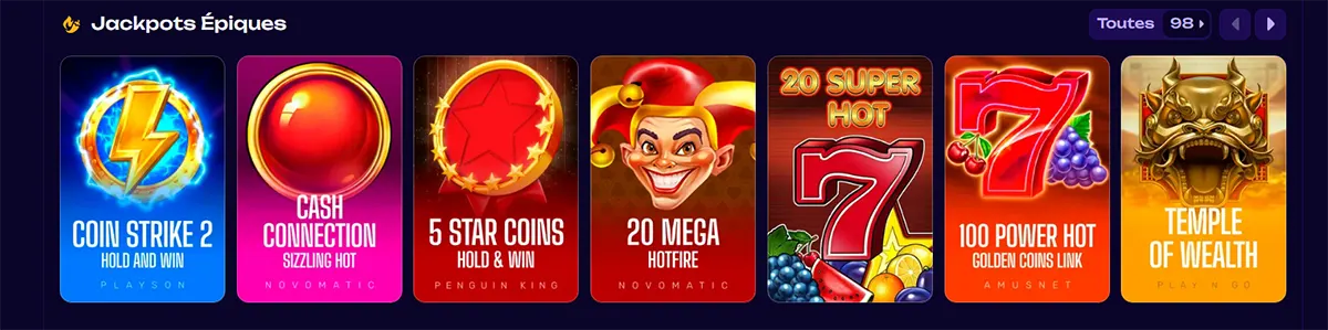 Jackpots section displaying featured slot games including Coin Strike 2, Cash Connection, 5 Star Coins, 20 Mega Hotfire, Super Hot 7, 100 Power Hot, and Temple of Wealth in a horizontal carousel layout