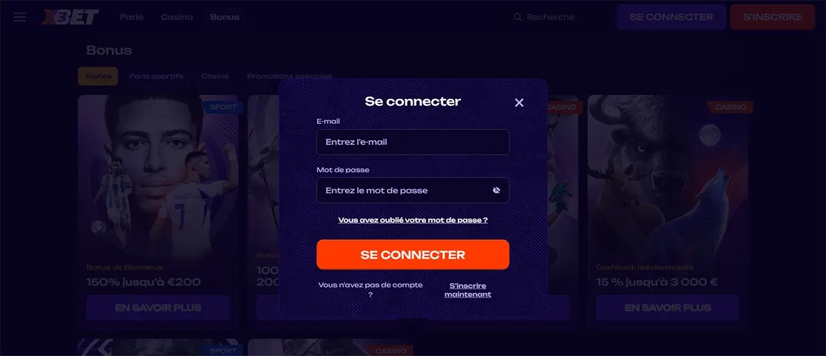 French login popup displaying email and password fields, a “forgot password” link, and a “Se connecter” (log in) button with a registration option on a dark themed betting website