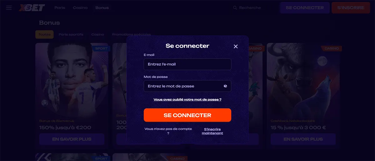 French login popup displaying email and password fields, a “forgot password” link, and a “Se connecter” (log in) button with a registration option on a dark themed betting website